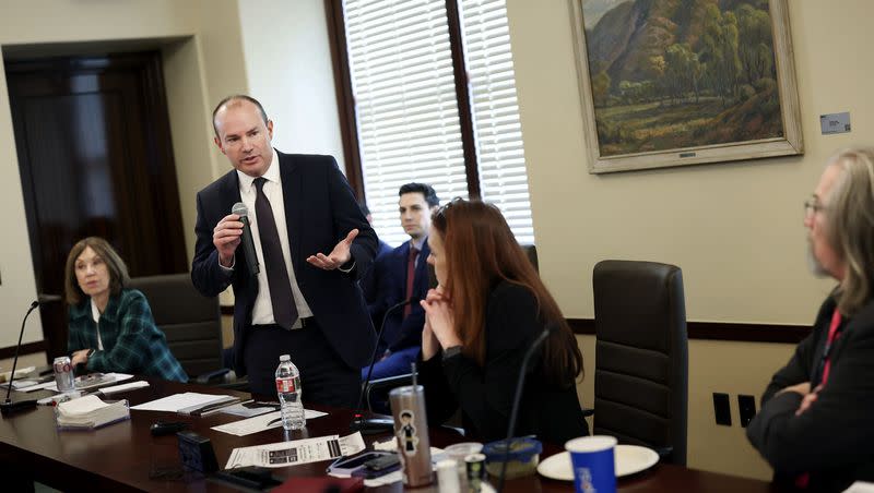 U.S. Sen. Mike Lee speaks to House Democrats at the Capitol in Salt Lake City on Wednesday, Feb. 21, 2024. Lee also spoke to the Republican caucus on Wednesday.