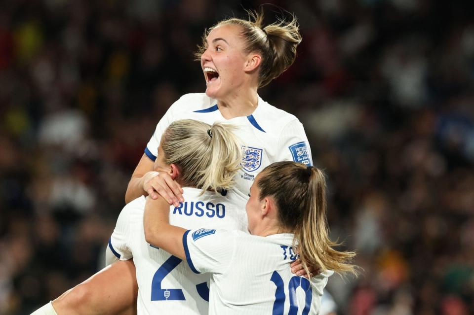 Alessia Russo celebrates her goal for England against Colombia. (AFP via Getty Images)