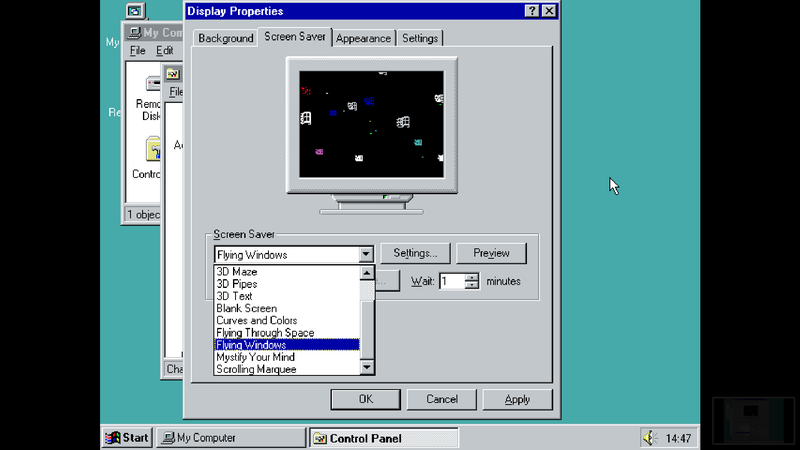 A screenshot of the Windows 95 Display Properties menu