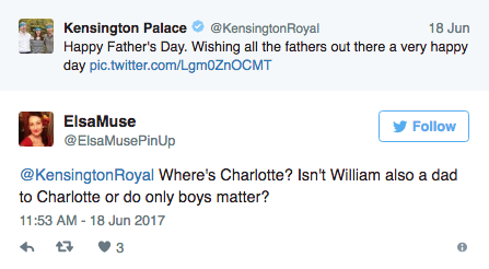 The tweet features Prince William with dad Charles and son George.