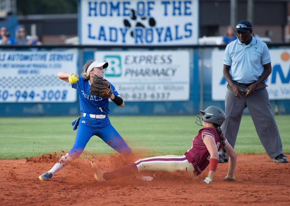 Caitlyn Gavin (11) attempts to turn the double play during the Northview vs Jay 1A regional semifinal playoff softball game at Jay High School on Thursday, May 12, 2022.