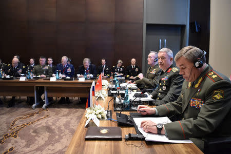 Turkey's Chief of Staff General Hulusi Akar, U.S. Chairman of the Joint Chiefs of Staff Joseph Dunford and Russian Armed Forces Chief of Staff Valery Gerasimov meet in Antalya, Turkey March 7, 2017. Turkish Military/Handout via REUTERS