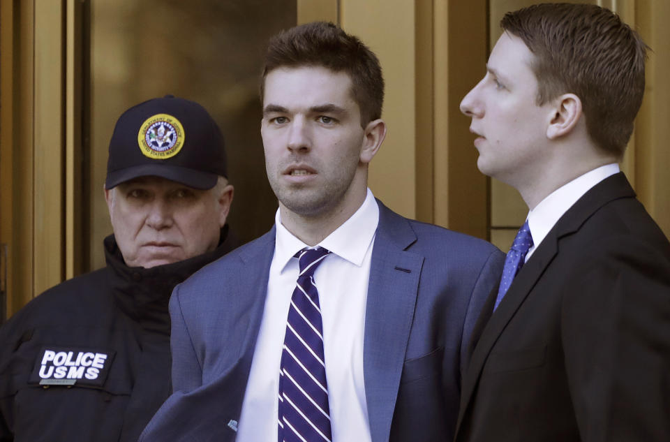 Billy McFarland, the promoter of the failed Fyre Festival in the Bahamas, leaves federal court after pleading guilty to wire fraud charges, Tuesday, March 6, 2018, in New York. He faces a sentence of 8 to 10 years. (AP Photo/Mark Lennihan)