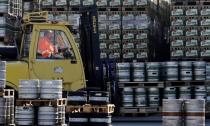 Kegs of beer are transported on the yard of Plzensky Prazdroj brewery in Plzen