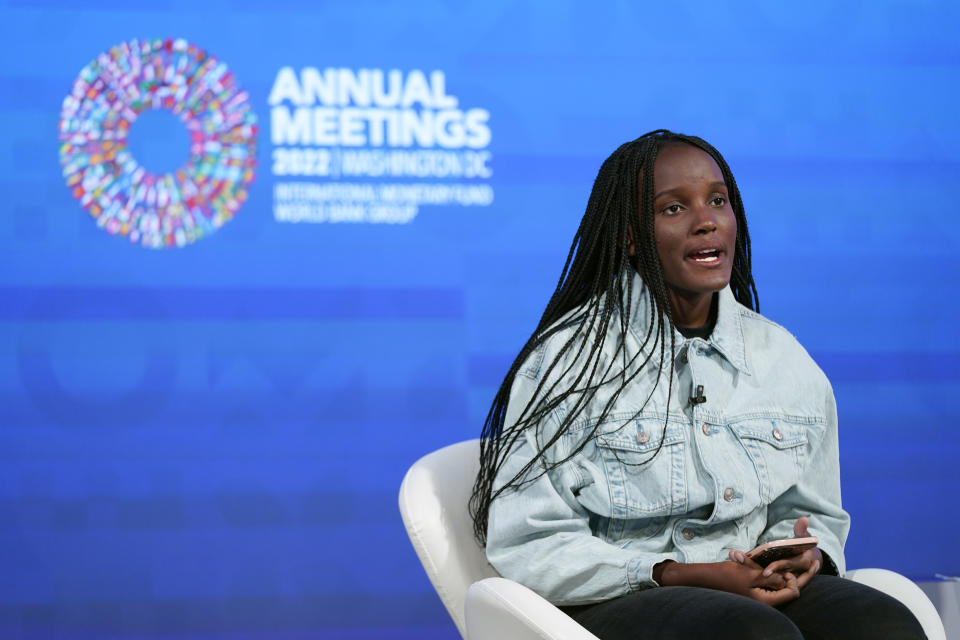 Climate activist Vanessa Nakate of Uganda speaks at the 2022 annual meeting of the International Monetary Fund and the World Bank Group, Monday, Oct. 10, 2022, in Washington. (AP Photo/Patrick Semansky)