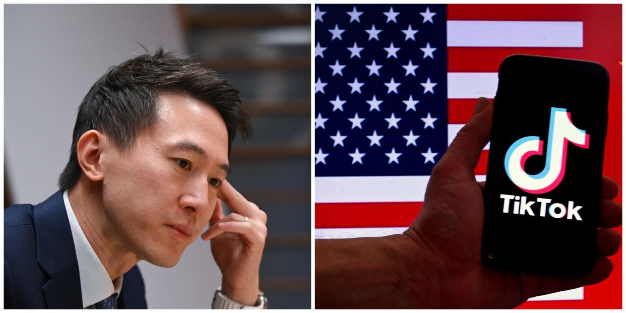 TikTok CEO Shou Zi Chew and the TikTok logo in front of US flag