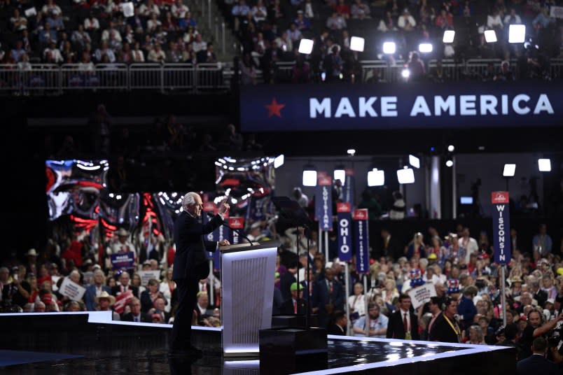 Former Director of the US Office of Trade and Manufacturing Policy Peter Navarro gestures as he speaks during the third day of the 2024 Republican National Convention at the Fiserv Forum in Milwaukee, Wisconsin, on July 17, 2024. (Photo by Brendan SMIALOWSKI / AFP) (Photo by BRENDAN SMIALOWSKI/AFP via Getty Images)