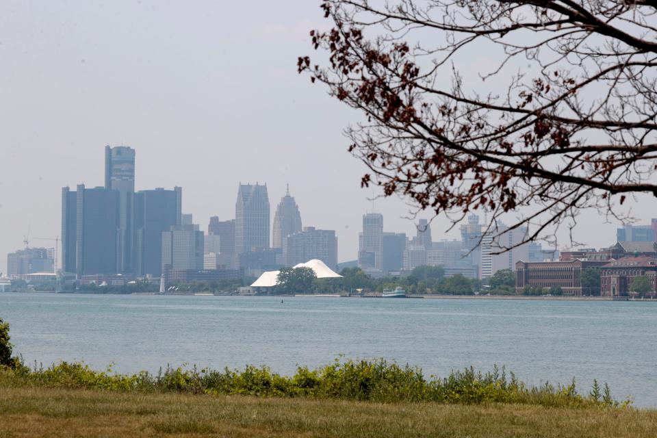 In a normal afternoon day in Detroit, the skyline  is more clear from Belle Isle seen on Wednesday, June 7, 2023 but with the haze from the wildfire smoke in Canada that has taken over New York City and other areas of the country, it has come to Metro Detroit.