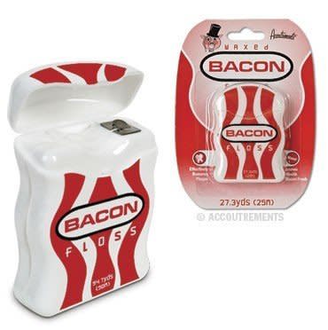 Bacon in your teeth? We've got the perfect floss for you.  <a href="http://www.amazon.com/Accouterments-Bacon-Dental-Floss/dp/B0050D9A7G/ref=sr_1_234?ie=UTF8&qid=1354636378&sr=8-234&keywords=bacon">Amazon.com</a>, <strong>$7.24</strong>.