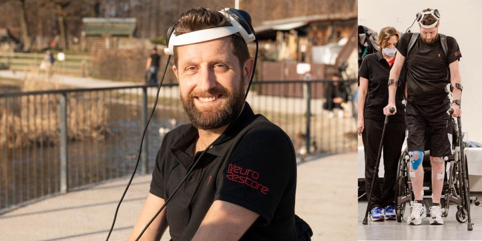 Gert Jan sitting, with his antenna cap on that communicates with his brain impants. Left: Gert Jan training to walk