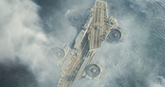 The Helicarrier from the Avengers film flies out of the water using what appear to be ducted rotors.