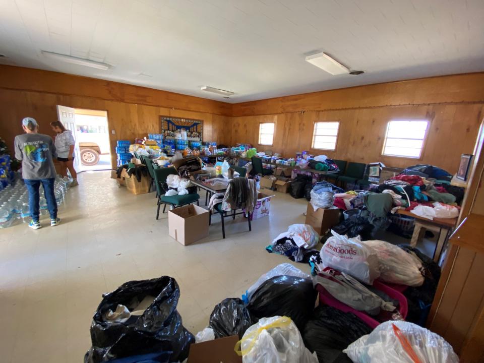 The fellowship hall at Deer Creek Baptist Church is part of a "free general store" for tornado victims in Rolling Fork who need anything from food and water, to toiletries to clothes.