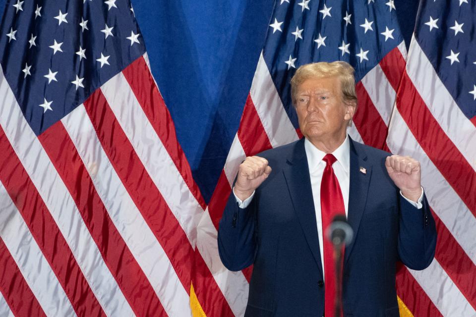 Former President and Donald Trump gestures during a "Get Out the Vote" rally for his 2024 campaign at the Greater Richmond Convention Center in Richmond, Virginia, on March 2, 2024.