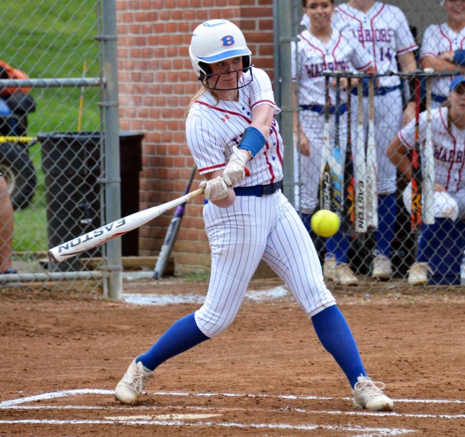 Boonsboro's Addison Tyler hits a two-run homer in the first inning against Williamsport in the Maryland Class 1A West Region II softball final. Tyler added a three-run homer in the fourth inning and a double in the sixth inning to lead the Warriors to a 9-2 victory.