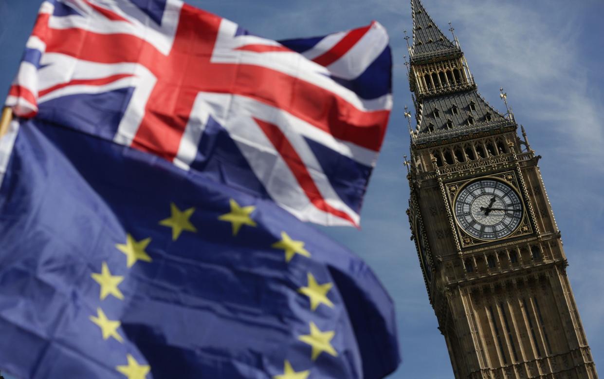 An EU flag and a Union flag held by a demonstrator is seen with Elizabeth Tower