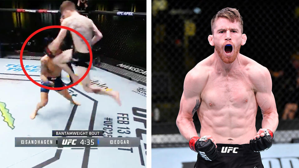 Cory Sandhagen (pictured right) celebrating after a flying knee (pictured left) to Frankie Edgar.