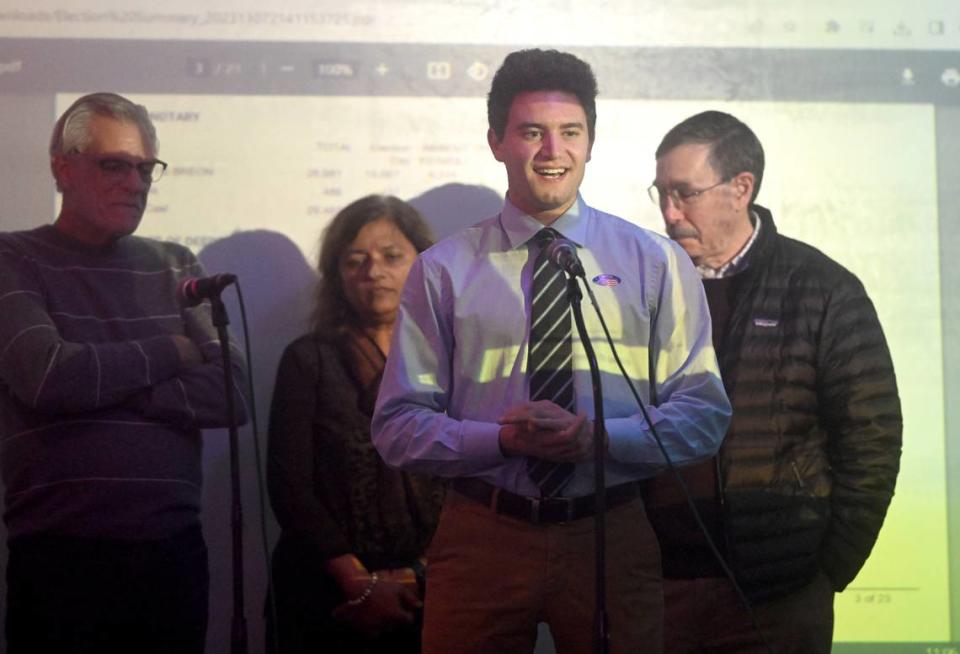 Josh Portney and fellow State College Borough Council Democratic candidates thank supporters during the Centre County Democrats' Election Night party on Tuesday, Nov. 7, 2023 at 3 Dots Downtown.