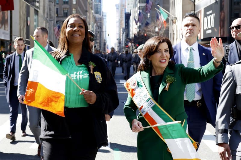 New York Gov. Kathy Hochul and Attorney General of New York Letitia James march in the St. Patrick's Day Parade on Fifth Avenue in New York City on Saturday. Photo by John Angelillo/UPI