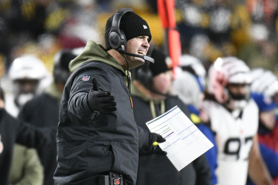 Cincinnati Bengals head coach Zac Taylor reacts to a call against the Pittsburgh Steelers during the first half of an NFL football game, Sunday, Nov. 20, 2022, in Pittsburgh. (AP Photo/Don Wright)