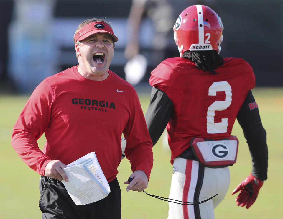 Georgia head coach Kirby Smart yells to a player during a practice for their Rose Bowl game. (AP)