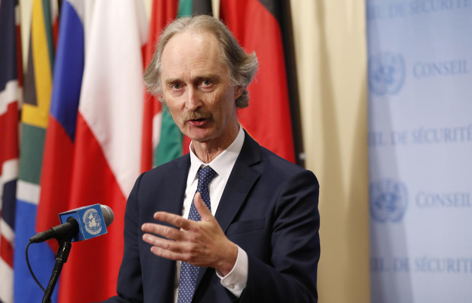 FILE - In this April 30, 2019 file photo, U.N. Special Envoy for Syria Geir Pedersen speaks to journalists following a U.N. Security Council meeting on Syria at U.N. headquarter. Syria's state news agency SANA said Monday, Sept. 23, 2019, that the country's foreign minister discussed the formation of a constitutional committee and its work with U.N. special envoy Geir Pedersen. SANA said Walid al-Moallem's meeting with Pedersen on Monday focused on the committee's setup and guarantees that it be free "from any foreign intervention." (AP Photo/Kathy Willens, File)