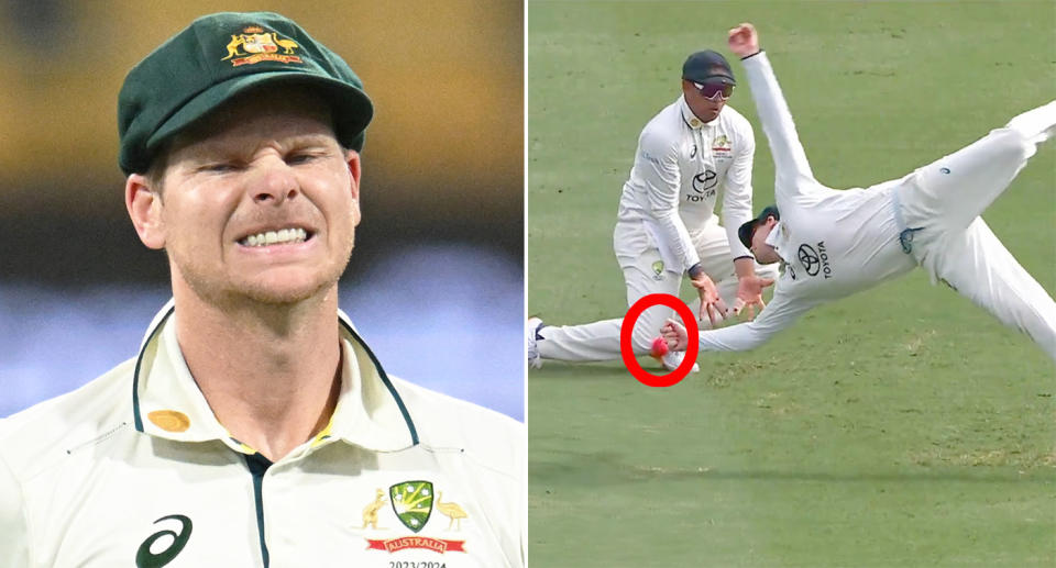 Steve Smith dropped his second catch of the match in slips after diving in front of Usman Khawaja on day three against the West Indies. Pic: Getty/Fox Cricket