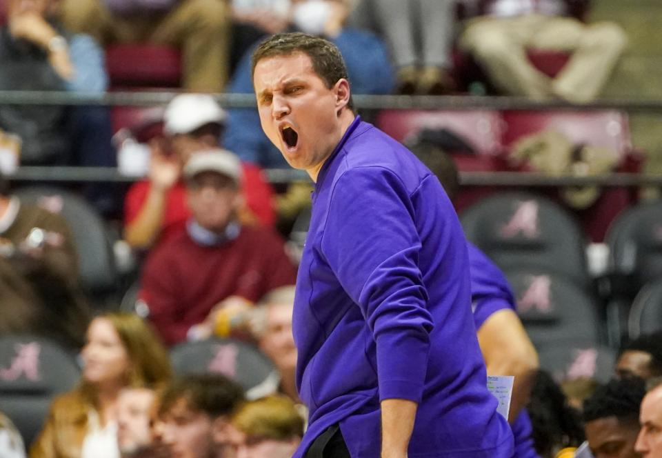 Jan 19, 2022; Tuscaloosa, Alabama, USA; LSU Tigers head coach Will Wade reacts during the first half against the Alabama Crimson Tide at Coleman Coliseum. Mandatory Credit: Marvin Gentry-USA TODAY Sports