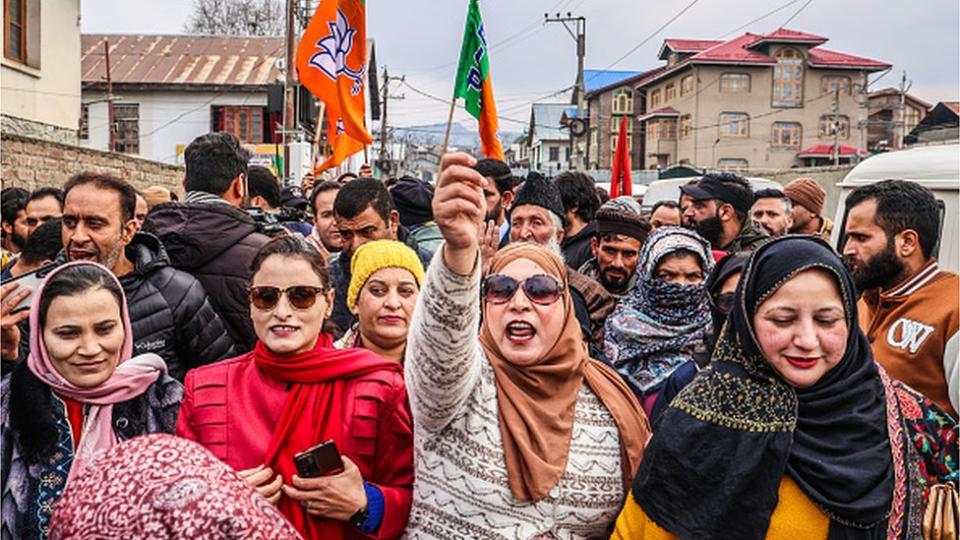 The BJP is inaugurating an election office for the Baramulla Parliamentary Constituency in the presence of State General Secretary Sunil Sharma in Baramulla, Jammu and Kashmir, India, on January 30, 2024. Hundreds of party workers, including men and women, are coming together and raising pro-BJP slogans.  (Photo by Nasir Kachroo/NurPhoto via Getty Images)