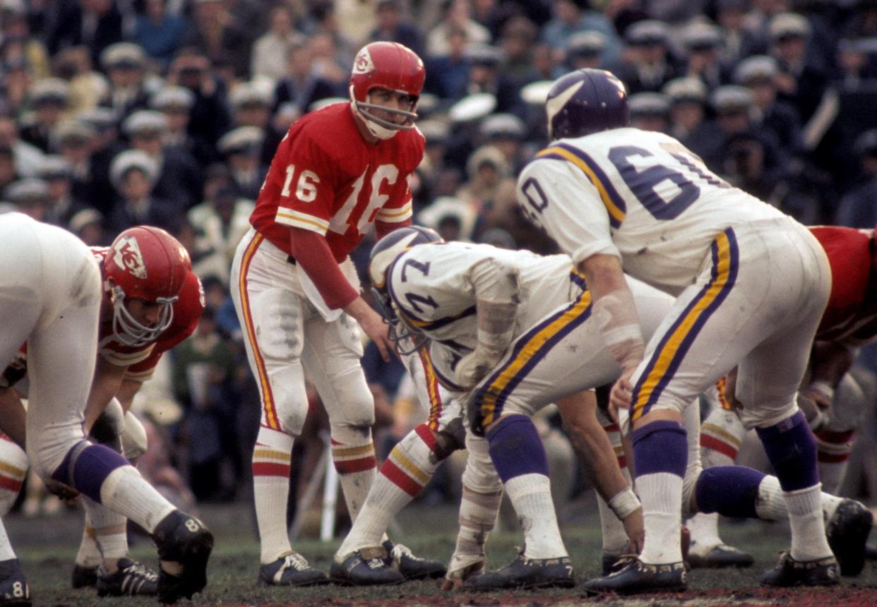 Kansas City Chiefs quarterback Len Dawson, an Alliance native and Pro Football Hall of Famer, at the line of scrimmage against the Minnesota Vikings during Super Bowl IV, Jan. 11, 1970, at Tulane Stadium in New Orleans. The Chiefs won 23-7.