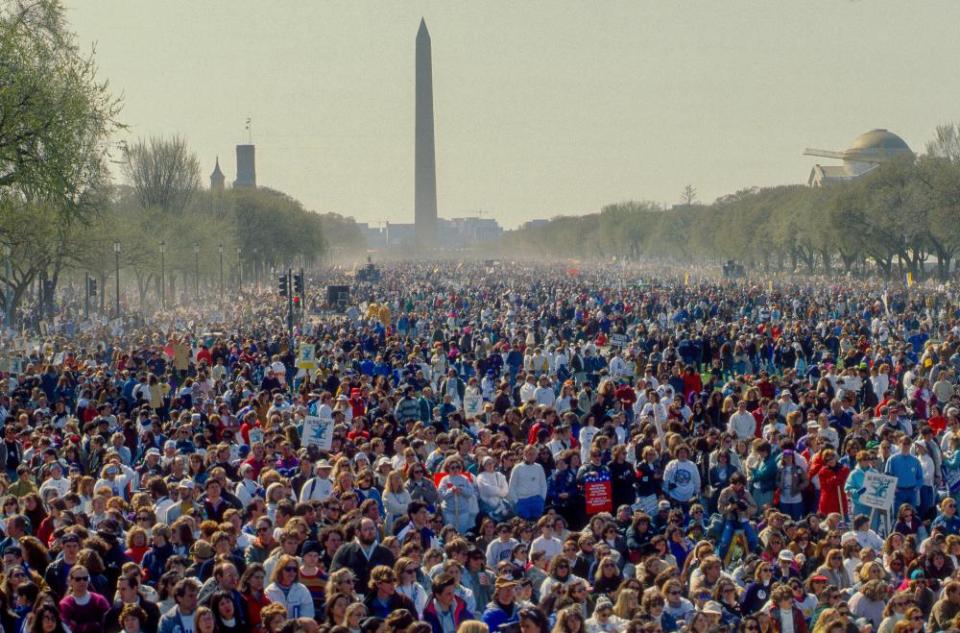 huge crowd with washington monument in the background