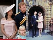 <p>For her first Trooping the Colour ceremony, <a rel="nofollow noopener" href="https://www.elle.com/culture/celebrities/a21240944/meghan-markle-prince-harry-trooping-of-the-colour-2018-outfits/" target="_blank" data-ylk="slk:Meghan wore a blush Carolina Herrera dress;elm:context_link;itc:0;sec:content-canvas" class="link ">Meghan wore a blush Carolina Herrera dress</a> with matching Phillip Treacy fascinator. The ensemble is reminiscent of the pale pink Givenchy dress and matching hood Audrey wore to her second wedding (to Andrea Dotti).</p>