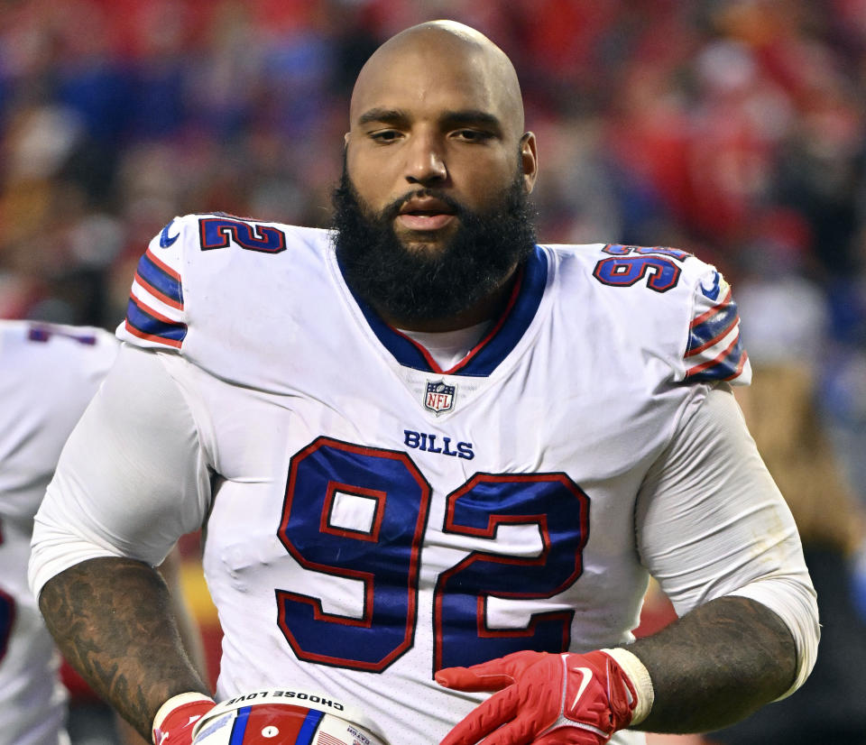 FILE - Buffalo Bills defensive tackle DaQuan Jones walks off the field after an NFL football game against the Kansas City Chiefs, Oct. 16, 2022, in Kansas City, Mo. Jones hurt his pectoral muscle during a game against the Jacksonville Jaguars, Sunday, Oct. 8, 2023, at London's Tottenham Hotspur Stadium. (AP Photo/Peter Aiken, File)