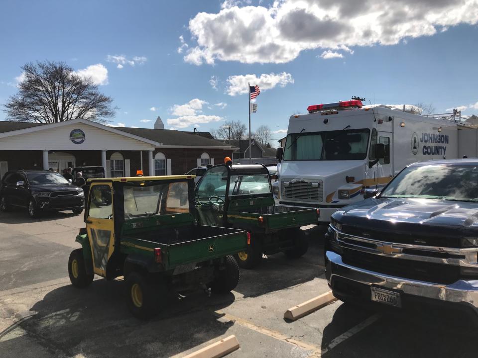 Emergency response vehicles and all-terrain buggies fill Town of Whiteland's Town Hall Monday, April 3, 2023, as town officials along with Johnson County officials updated residents on efforts to rebuild following Friday night's tornado.