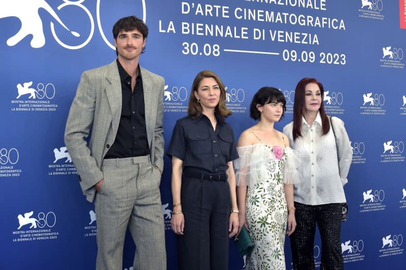 Left to right, Jacob Elordi, Sofia Coppola, Cailee Spaeny and Priscilla Presley attend a photocall for the movie "Priscilla" at the 80th Venice International Film Festival in Italy on Monday. Photo by Rocco Spaziani/UPI
