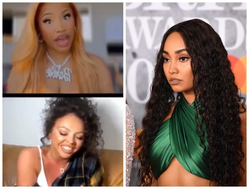 Nicki Minaj (top left) and Jesy Nelson (bottom left) took part in an Instagram Live in which they appeared to mock Nelson’s former bandmate, Leigh-Anne Pinnock (Instagram/Getty)