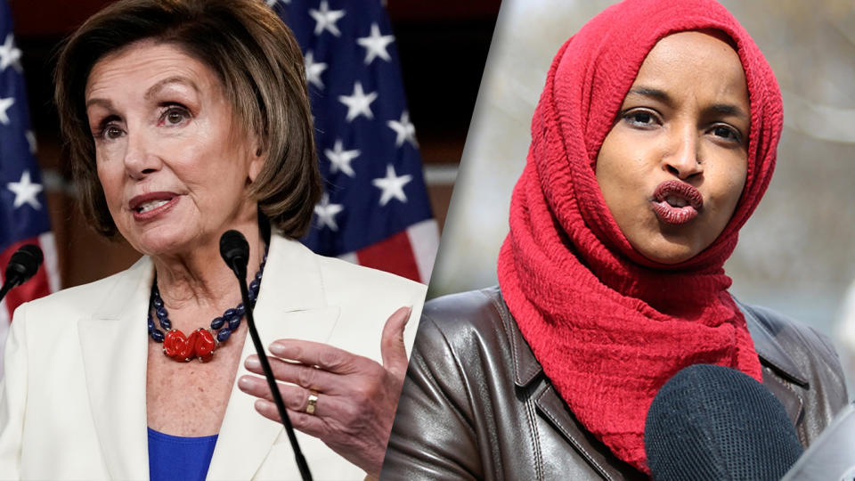 House Speaker Nancy Pelosi and Rep. Ilhan Omar. (Photo illustration: Yahoo News; photos: Ken Cedeno/Reuters, Emilie Richardson/Bloomberg via Getty Images)