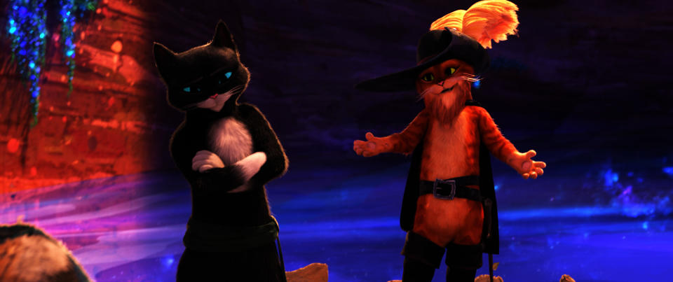 This image released by DreamWorks Animation shows the characters Kitty Softpaws, voiced by Salma Hayek Pinault, left, and Puss in Boots, voiced by Antonio Banderas, from the animated film "Puss in Boots: The Last Wish" by director Joel Crawford. (DreamWorks Animation via AP)