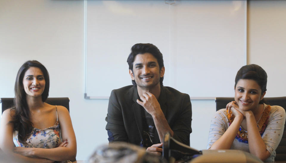 MUMBAI, INDIA - SEPTEMBER 2: Bollywood actors Vaani Kapoor, Sushant Singh Rajput and Parineeti Chopra during the promotion of their upcoming film Shuddh Desi Romance at HT's Mumbai office, on September 2, 2013 in Mumbai, India. (Photo by Kalpak Pathak/Hindustan Times via Getty Images)