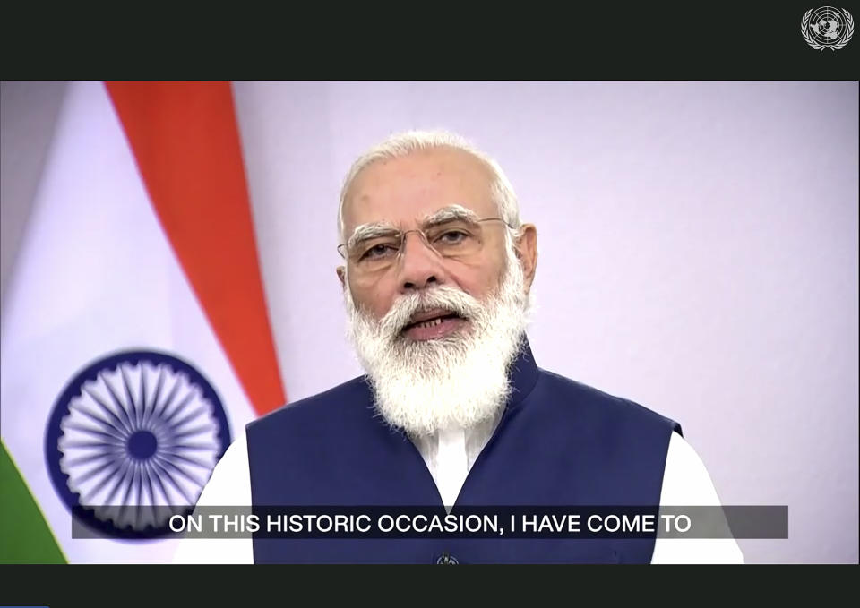 In this photo made from UNTV video, Narendra Modi, Prime Minister of India, speaks in a pre-recorded message which was played during the 75th session of the United Nations General Assembly, Saturday, Sept. 26, 2020, at UN Headquarters. (UNTV Via AP )