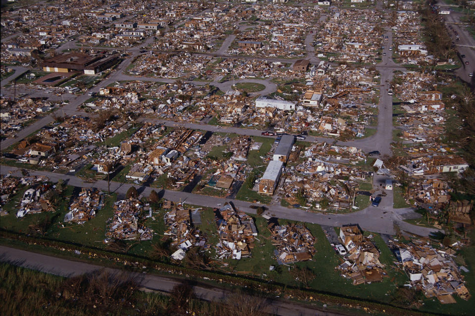 <p>Homes were reduced to piles of rubble following Hurricane Andrew. (Steve Starr/CORBIS/Corbis via Getty Images) </p>