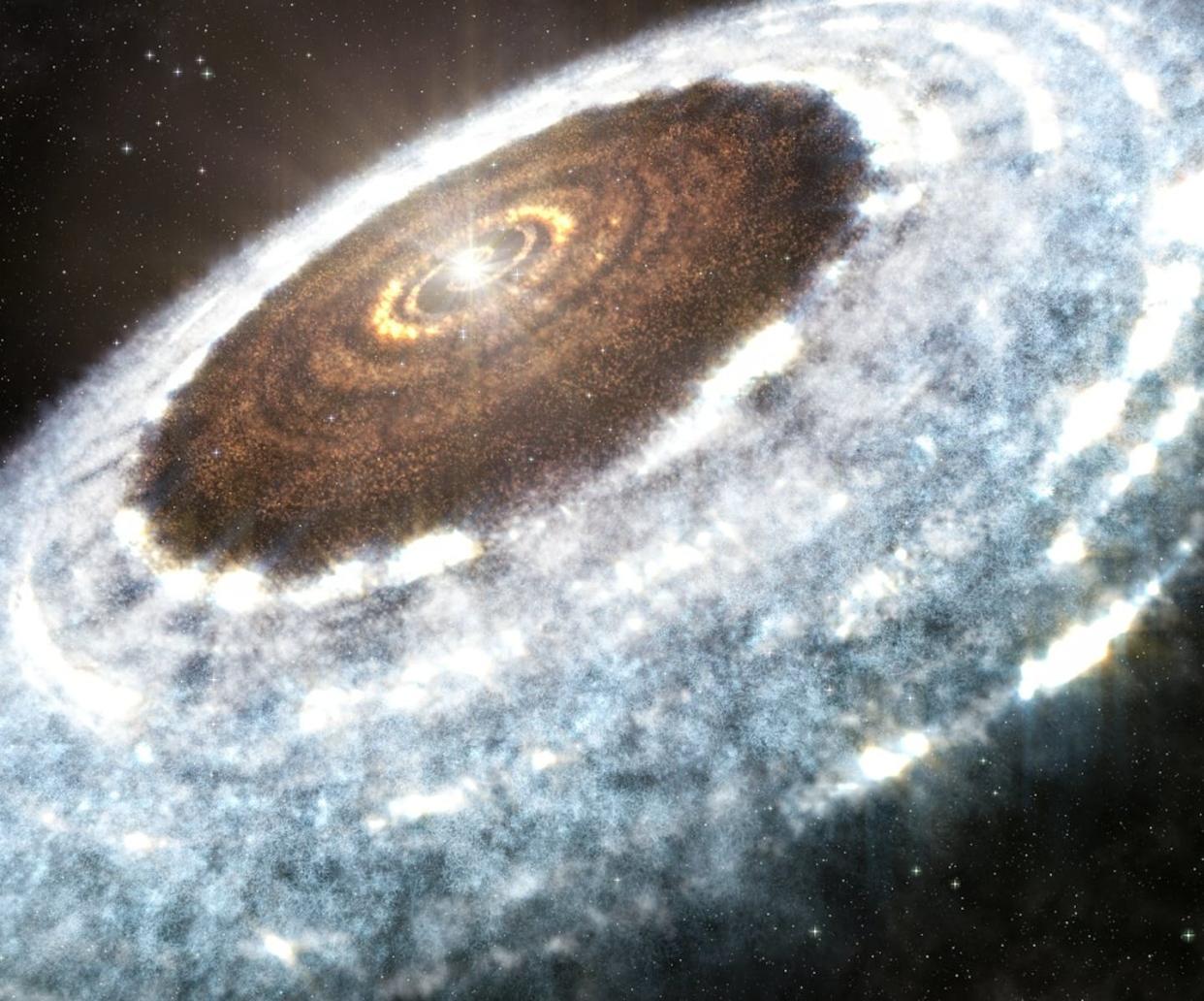 The star system V883 Orionis contains a rare star surrounded by a disk of gas, ice and dust. <a href="http://www.eso.org/public/images/eso1626a/" rel="nofollow noopener" target="_blank" data-ylk="slk:A. Angelich (NRAO/AUI/NSF)/ALMA (ESO/NAOJ/NRAO);elm:context_link;itc:0;sec:content-canvas" class="link ">A. Angelich (NRAO/AUI/NSF)/ALMA (ESO/NAOJ/NRAO)</a>, <a href="http://creativecommons.org/licenses/by/4.0/" rel="nofollow noopener" target="_blank" data-ylk="slk:CC BY;elm:context_link;itc:0;sec:content-canvas" class="link ">CC BY</a>