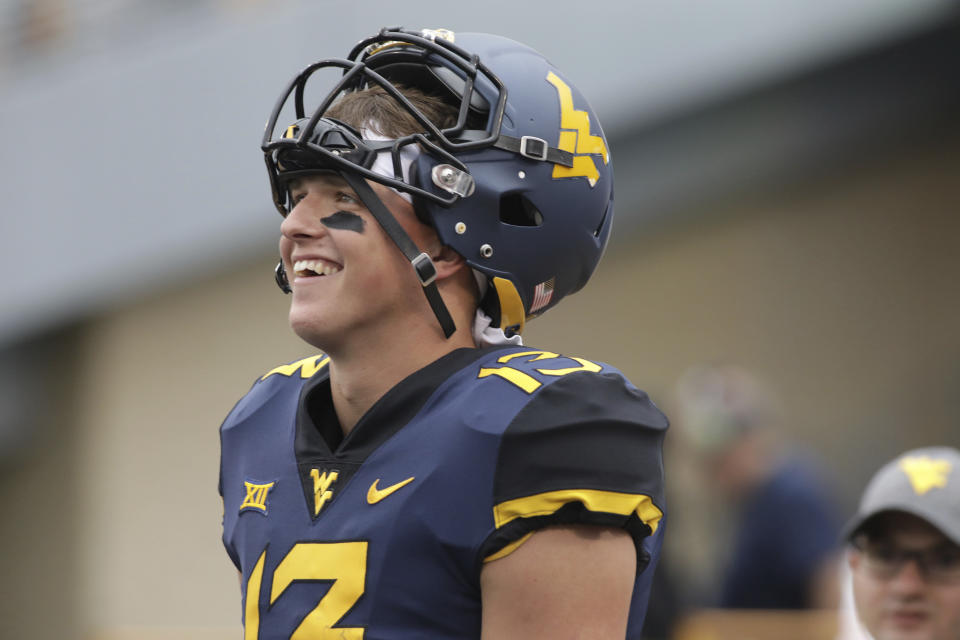 West Virginia wide receiver David Sills V (13) during the first half/second half of an NCAA college football game Saturday, Sept. 8, 2018, in Morgantown, W.Va. (AP Photo/Raymond Thompson)