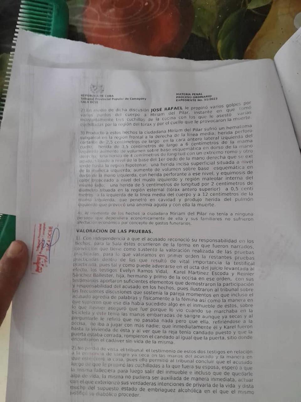 The sentencing document issued by the People’s Provincial Court of Camagüey describes the wounds José Rafael Alonso inflicted on her ex-partner Miriam del Pilar Vilar Escoda. Alonso was sentenced to 25 years in prison for killing her.