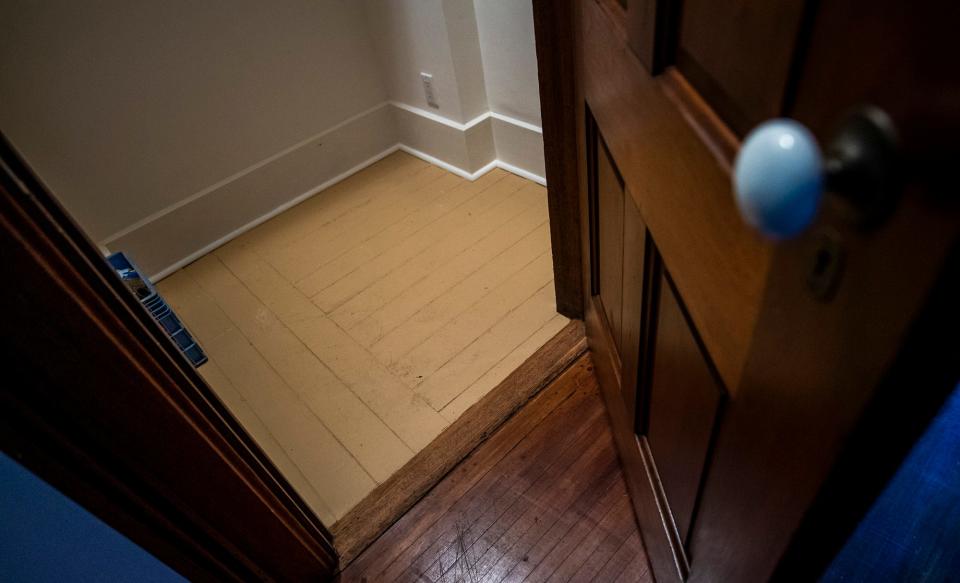 The original floor can still be seen inside a closet at the Beem house in Spencer. The house also retains its original trim.