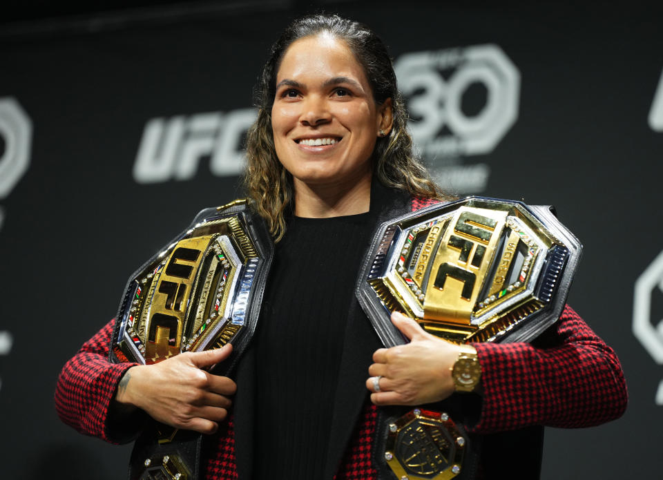 Two-division champion Amanda Nunes is seen on stage during the UFC 289 press conference on May 5.  (Cooper Neill/Zuffa LLC via Getty Images)
