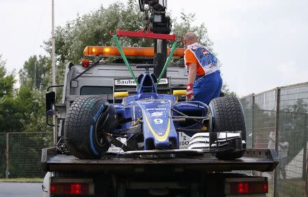 Hungary Formula One - F1 - Hungarian Grand Prix 2016 - Hungaroring, Hungary - 23/7/16 The damaged car of Sauber's Marcus Ericsson during qualification REUTERS/Laszlo Balogh