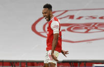 Arsenal's Pierre-Emerick Aubameyang celebrates after scoring his team's second goal during the FA Cup semifinal soccer match between Arsenal and Manchester City at Wembley in London, England, Saturday, July 18, 2020. (AP Photo/Justin Tallis,Pool)