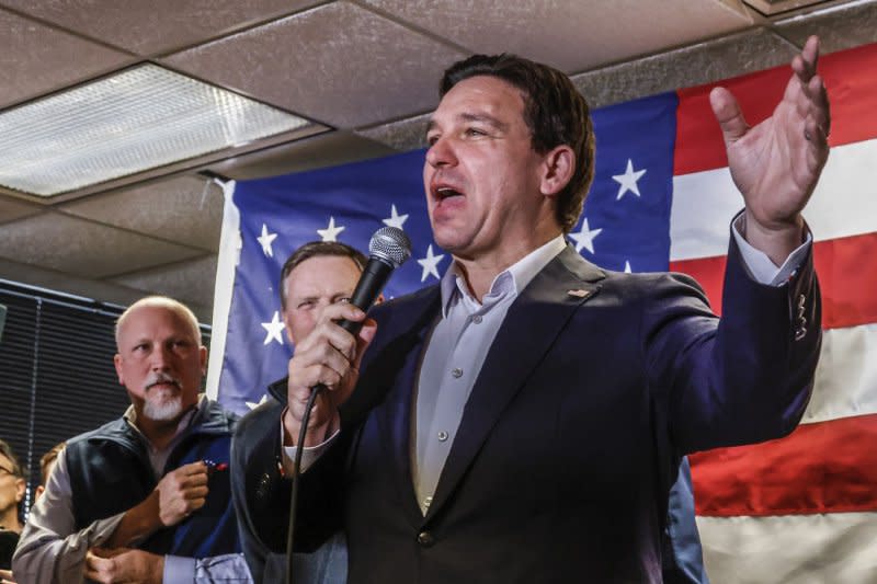 Florida Gov. Ron DeSantis speaks to supporters at the Never Back Down Iowa headquarters in West Des Moines, Iowa, on Saturday. Photo by Tannen Maury/UPI