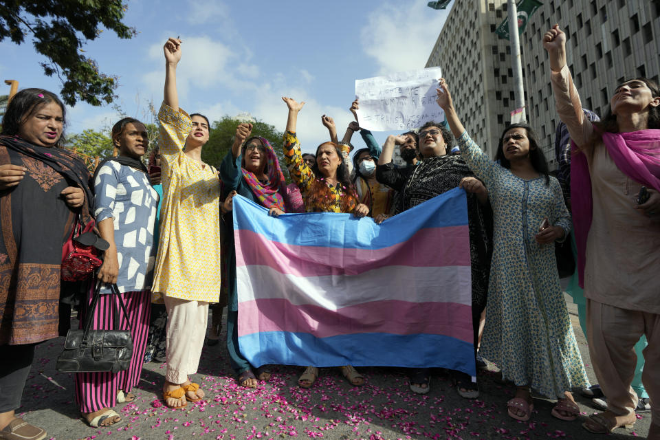 Members of Pakistan's transgender community takes part in a protest in Karachi, Pakistan, Saturday, May 20, 2023. Transgender activists in Pakistan say they plan to appeal an Islamic court’s ruling that guts a law aimed at protecting their rights. The Transgender Persons (Protection of Rights) Act was passed by Parliament in 2018 to secure the fundamental rights of transgender Pakistanis. But the Federal Shariat Court struck down several provisions of the law on Friday, terming them “un-Islamic.” (AP Photo/Fareed Khan)