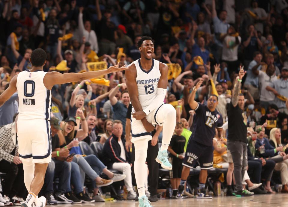 May 1, 2022; Memphis, Tennessee, USA; Memphis Grizzlies forward Jaren Jackson Jr. celebrates a made 3-pointer against the Golden State Warriors during game one of the second round for the 2022 NBA playoffs at FedExForum. Mandatory Credit: Joe Rondone-USA TODAY Sports